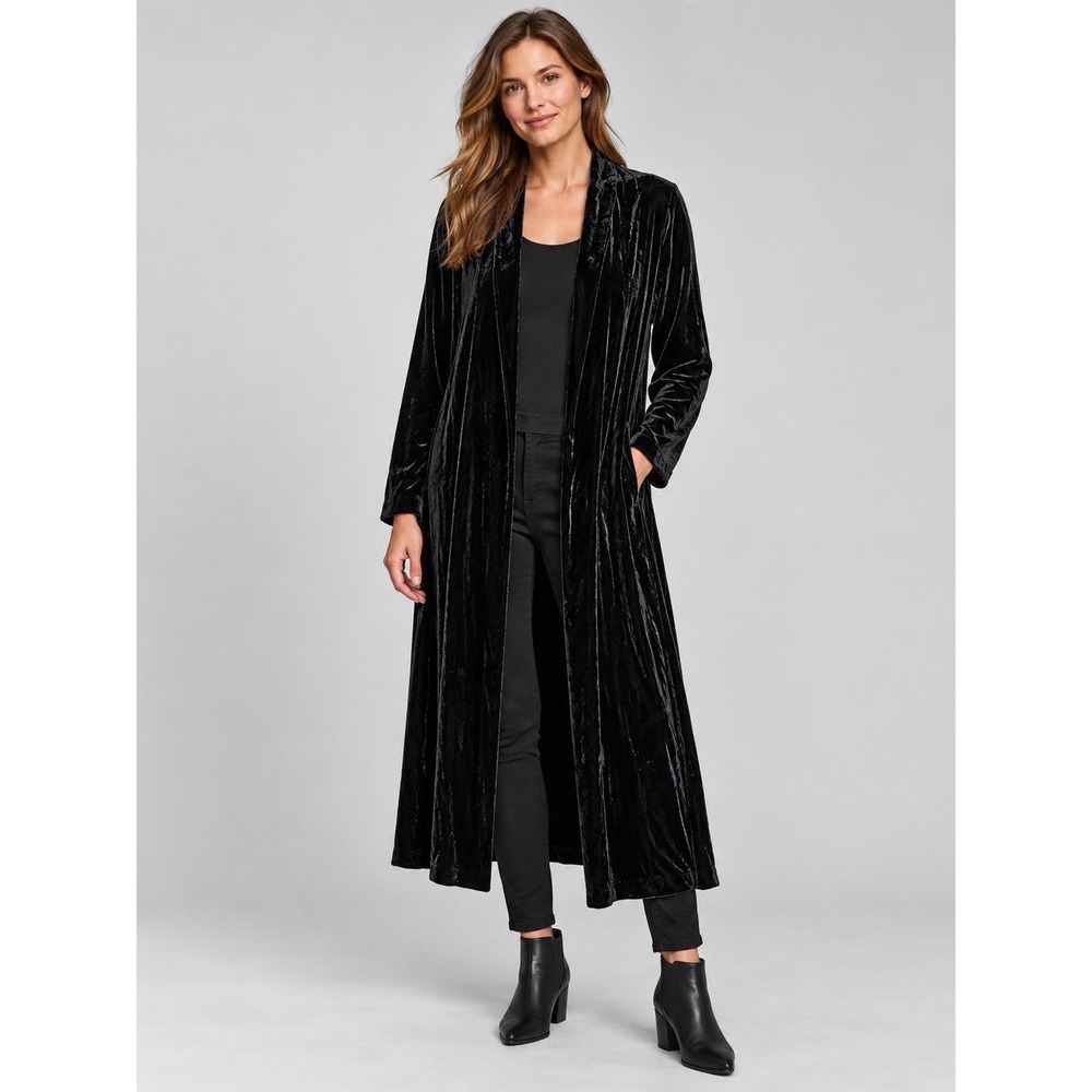 Eileen Fisher Black Silk Blend Velvet Duster Coat Open Front Petite S/P Long